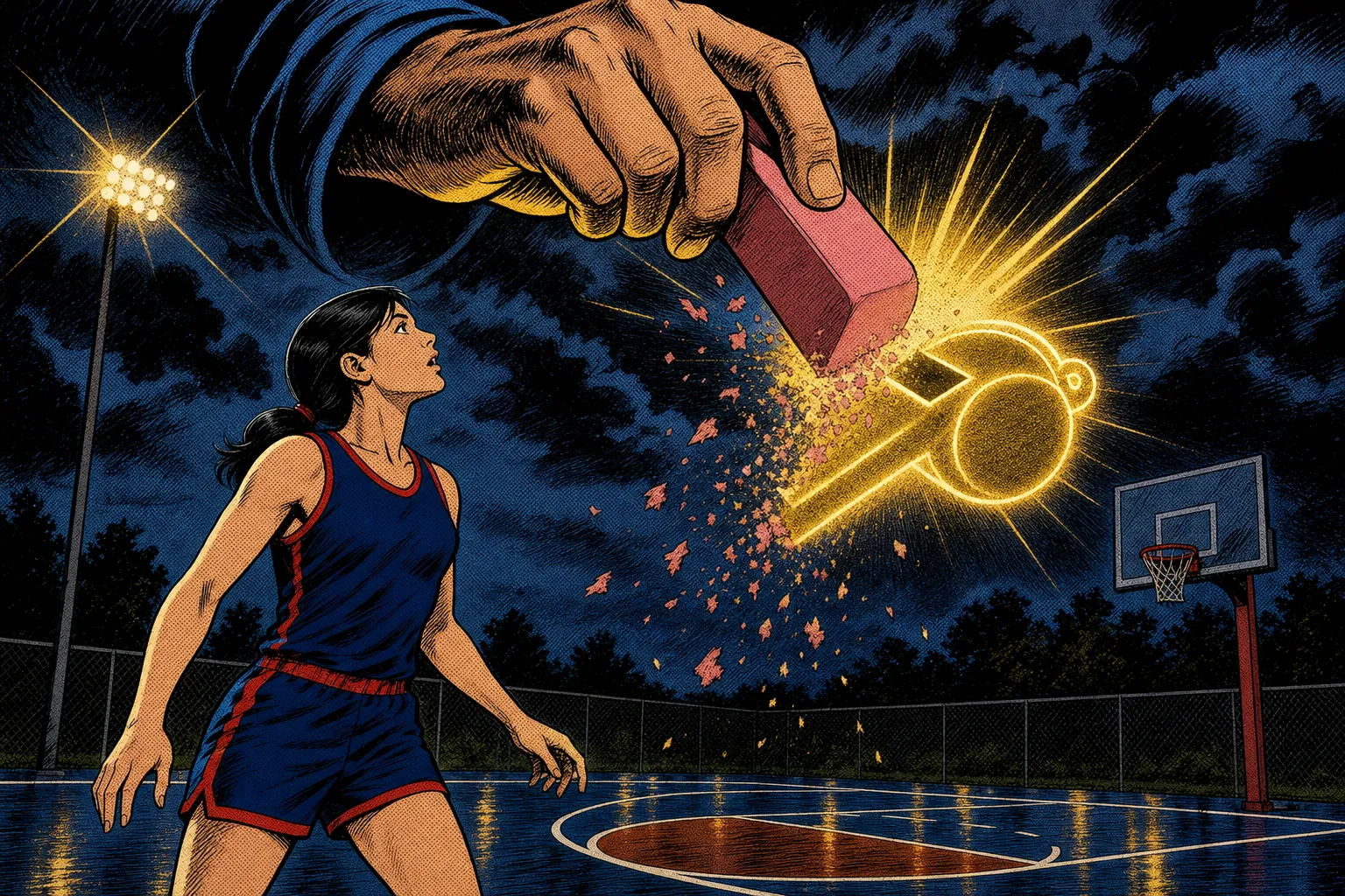 Comic book style illustration of a female basketball player with long dark hair in a low ponytail, wearing a plain navy and red kit on a court at night, a giant hand above her erasing a glowing whistle symbol from the air, halftone dots and bold ink outlines