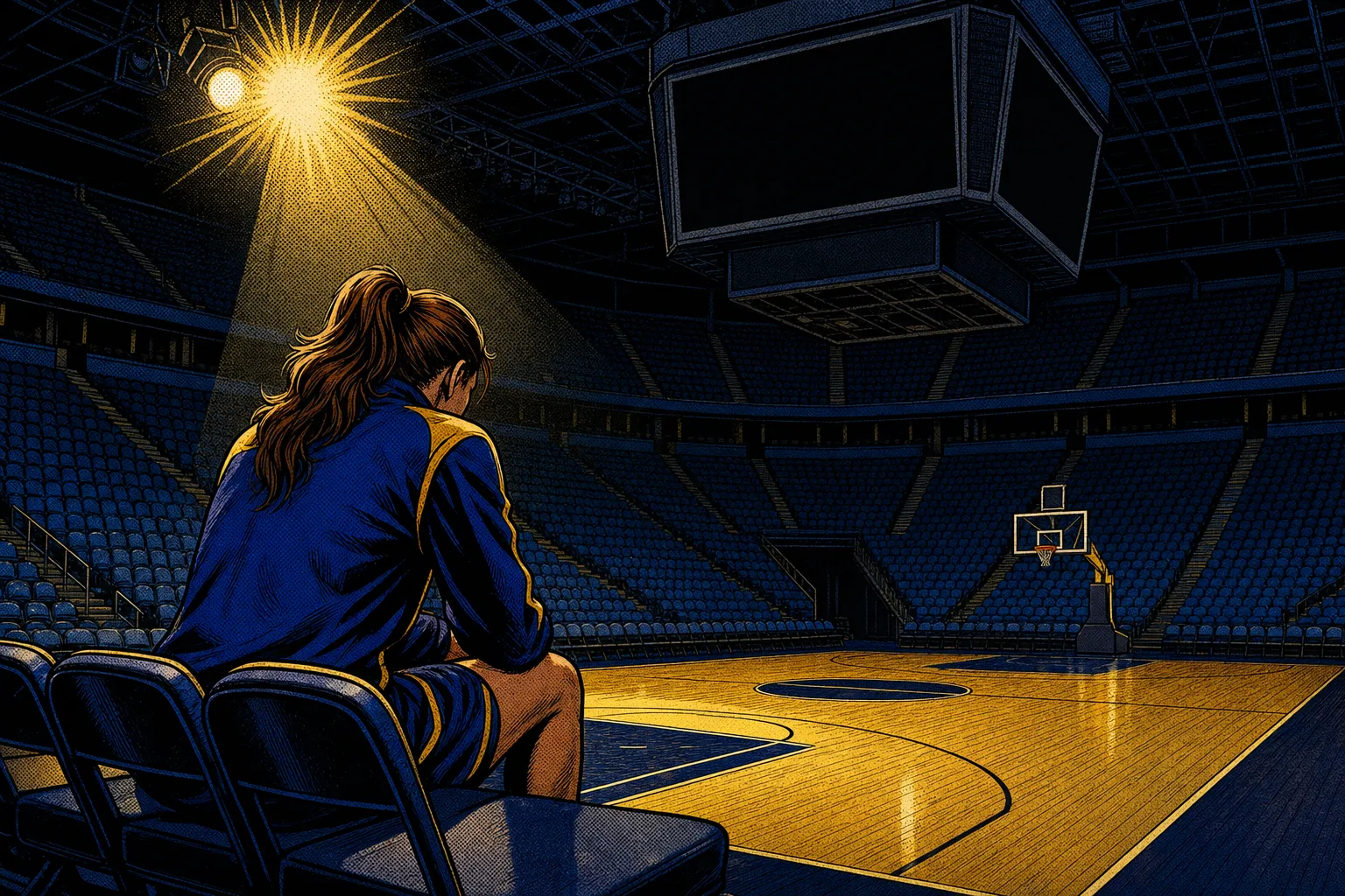 Comic book style illustration of a lone female basketball player with a ponytail sitting on the bench of a vast empty arena under a single spotlight, a dark blank scoreboard looming above the court