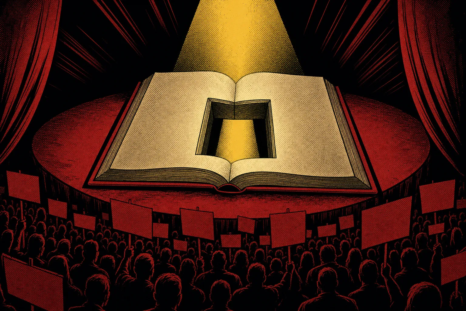 Comic-style illustration of a giant open rulebook with a single word-sized hole punched through the page, spotlit on a dark stage above small protest-sign silhouettes. Not a portrait of any real person.