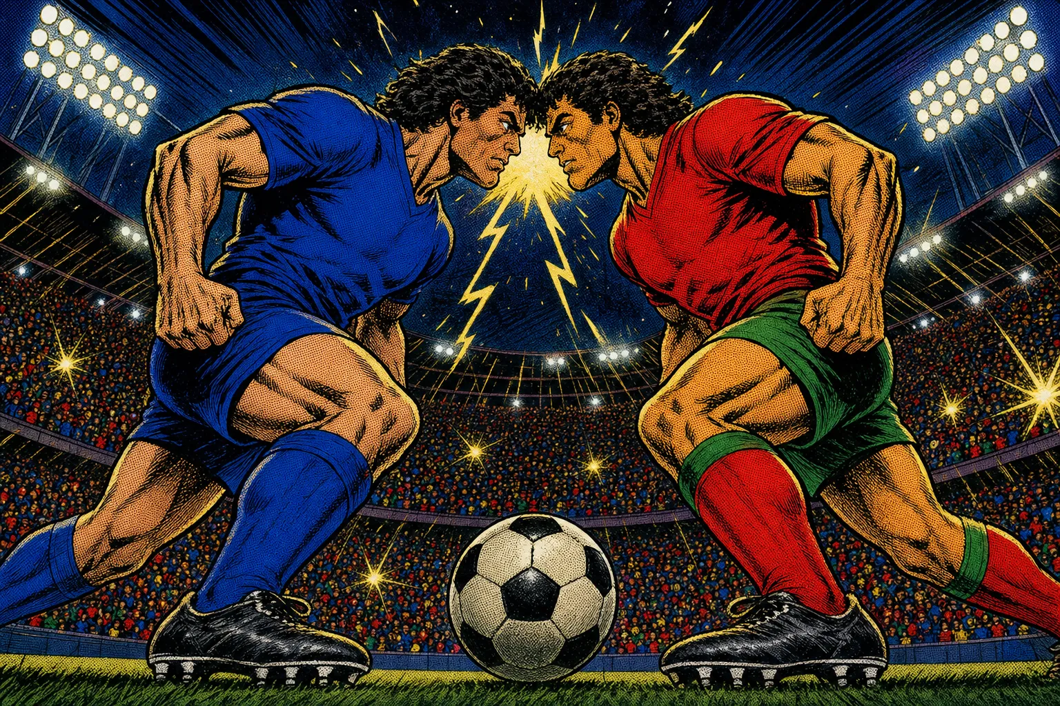 Comic book style illustration of two soccer players in blue and in red and green facing off nose to nose with lightning between them over a packed stadium