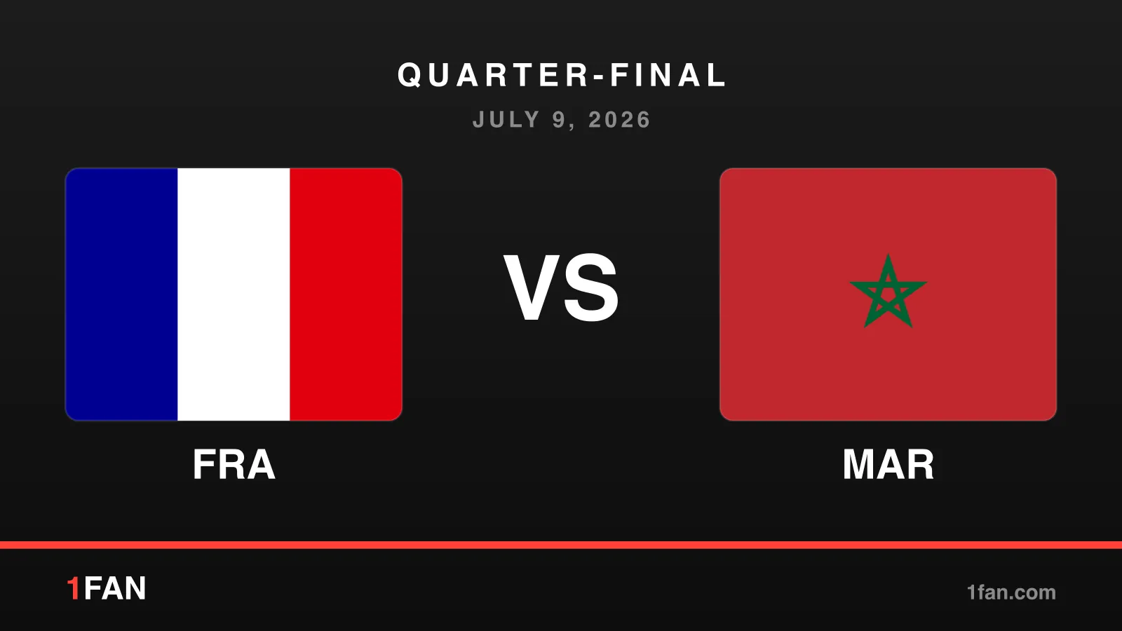 Match card: France vs Morocco, quarter-final, July 9, 2026