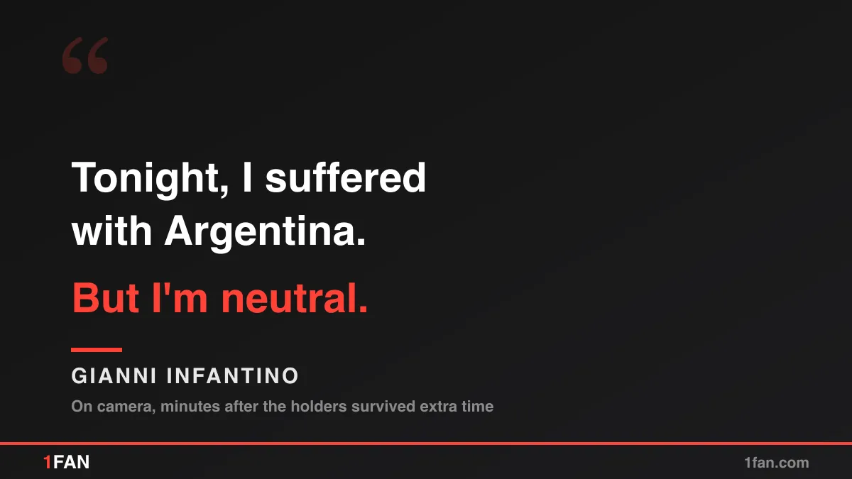 Quote card with Gianni Infantino saying he suffered with Argentina but is neutral, white and red text on a dark background