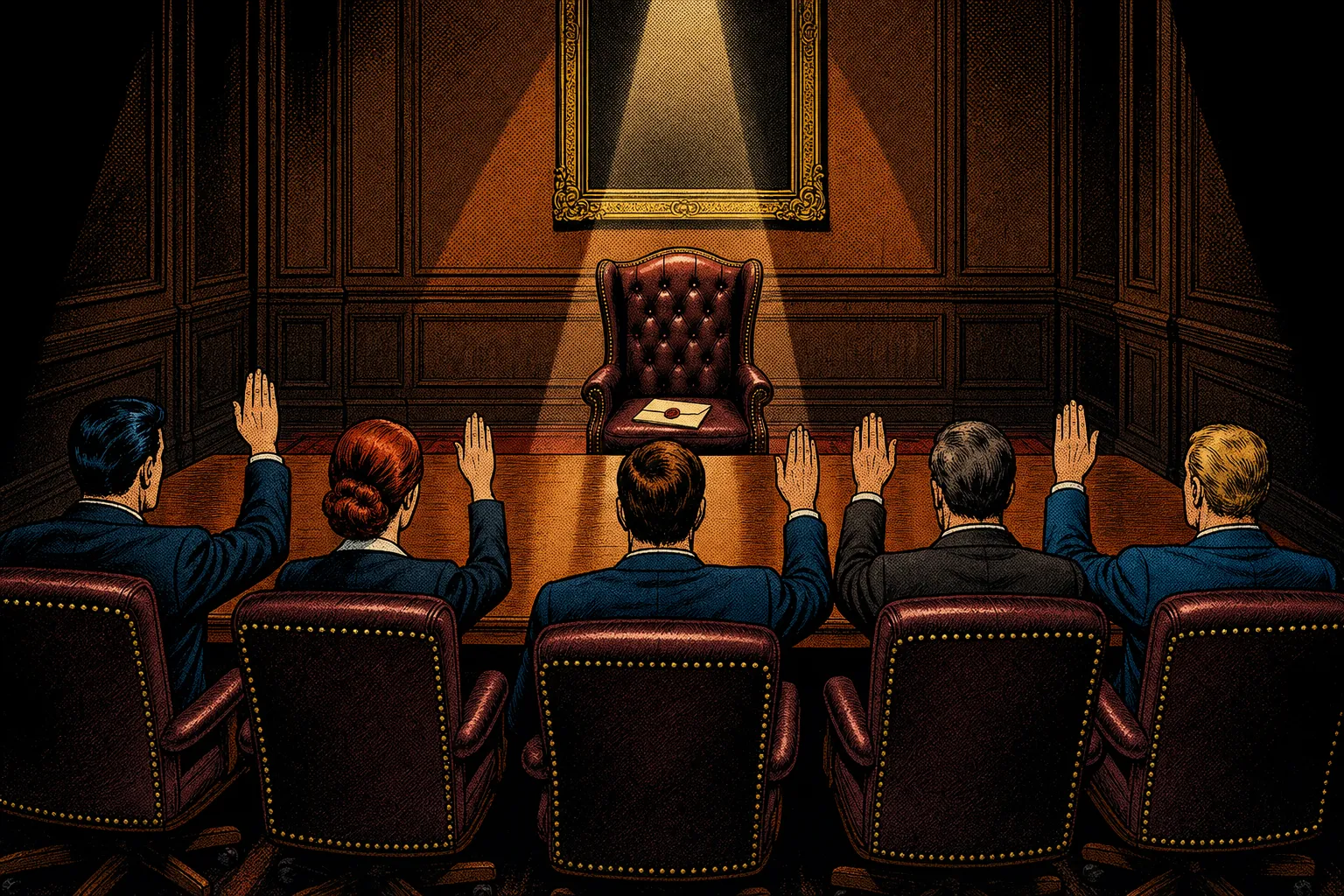 Comic-style boardroom with six chairs, five raised hands, one empty seat holding a folded legal document