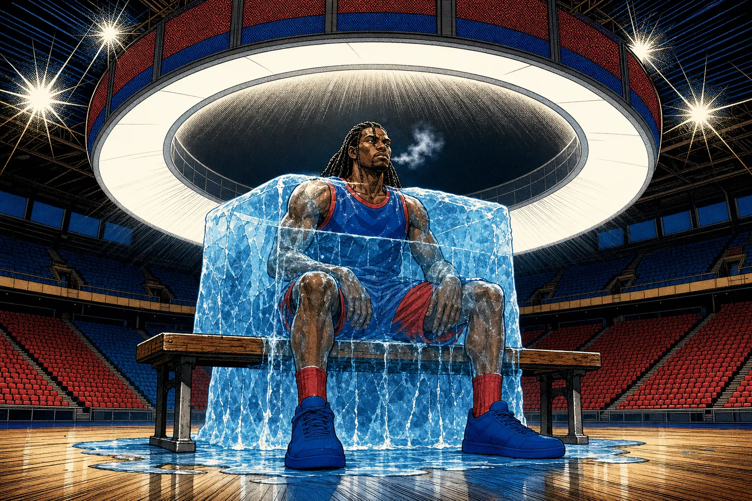 Comic book style illustration of a lone basketball player in a plain blue and red kit sitting on a bench in an empty arena, frozen inside a block of translucent ice, a giant glowing halo-shaped scoreboard looming above him, halftone dots and bold ink outlines, dramatic overhead light