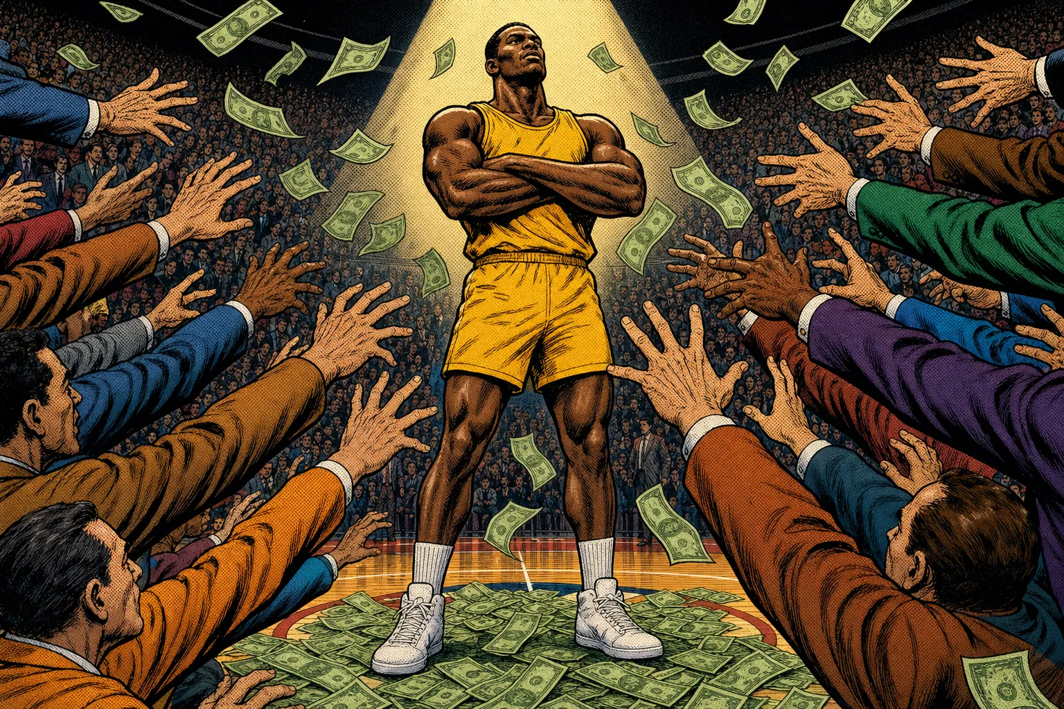 Comic book style illustration of a basketball player in a plain gold jersey standing on a pile of money as dozens of suited arms reach for him from all sides