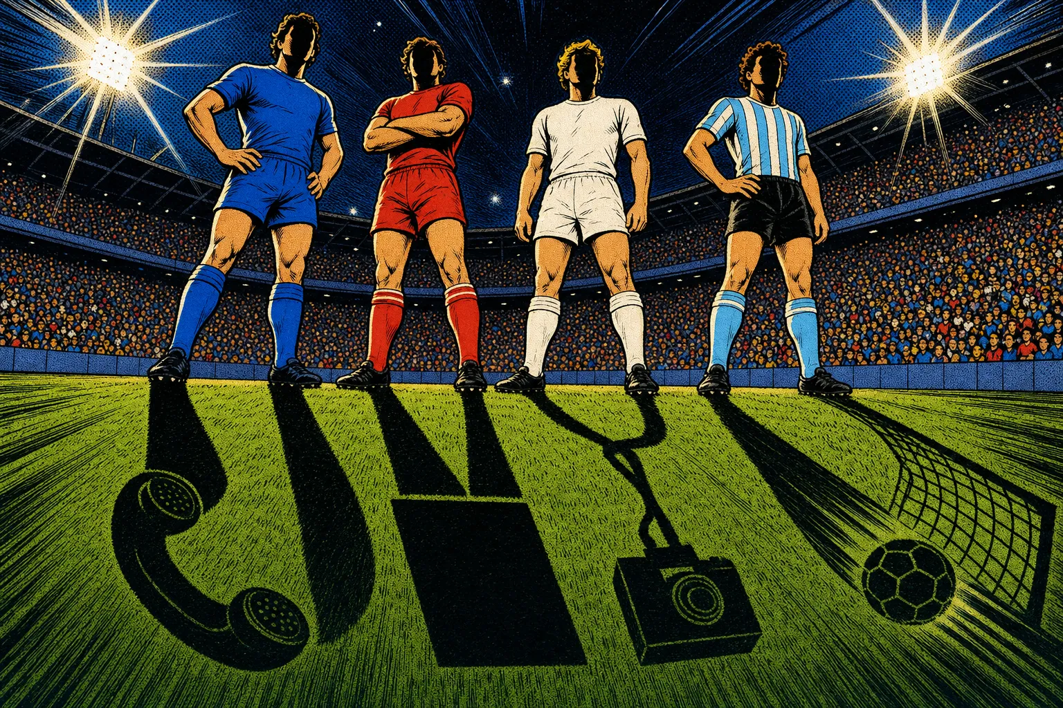 Comic book style illustration of four soccer players in plain blue, red, white, and sky blue striped kits standing in a floodlit stadium, each casting a long dramatic shadow shaped like a telephone, a red card, a hanging camera cable, and a ball rolling toward a net