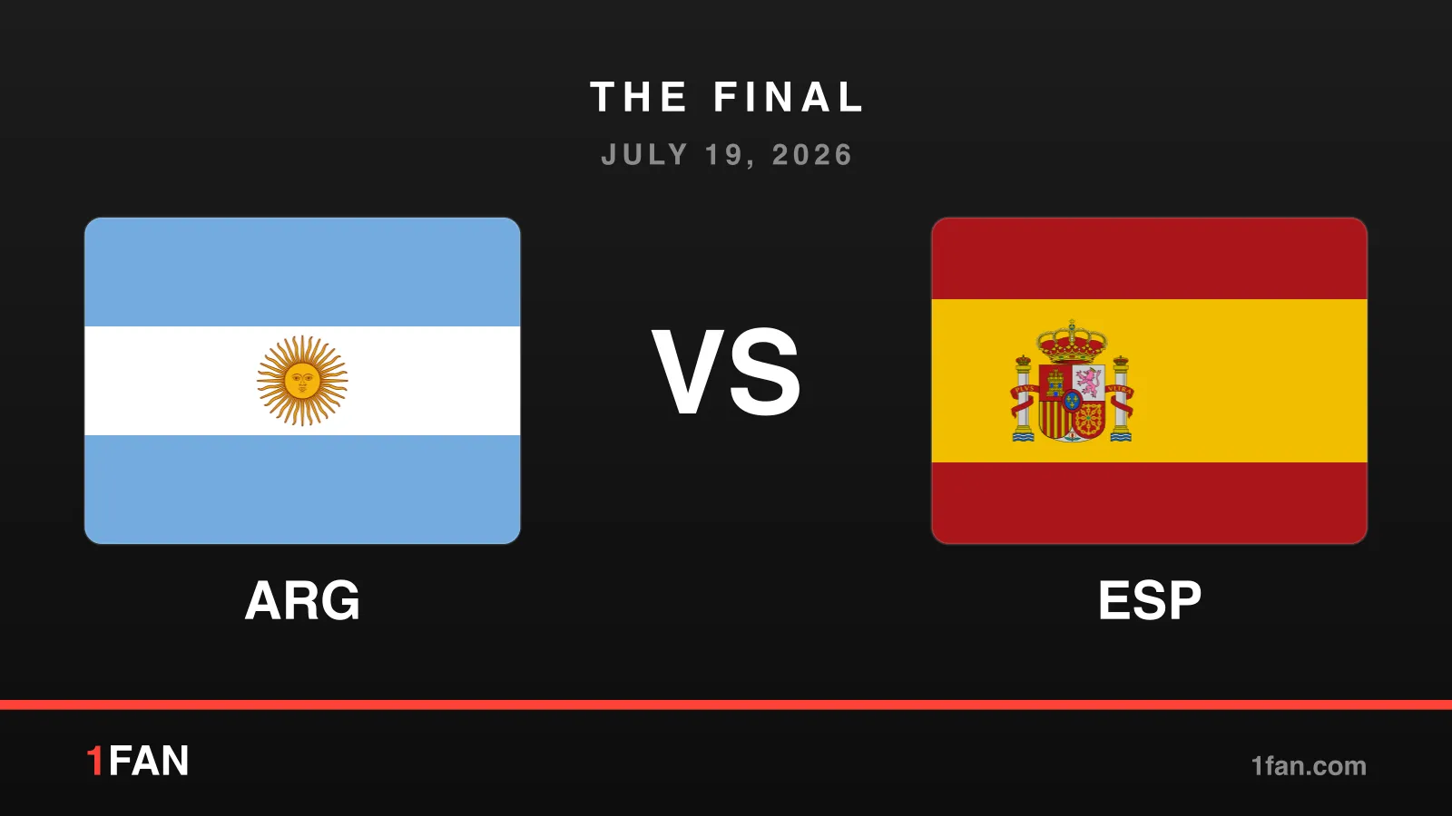 Match card showing Argentina versus Spain, the final, July 19, 2026, with the Argentine and Spanish flags on a dark background