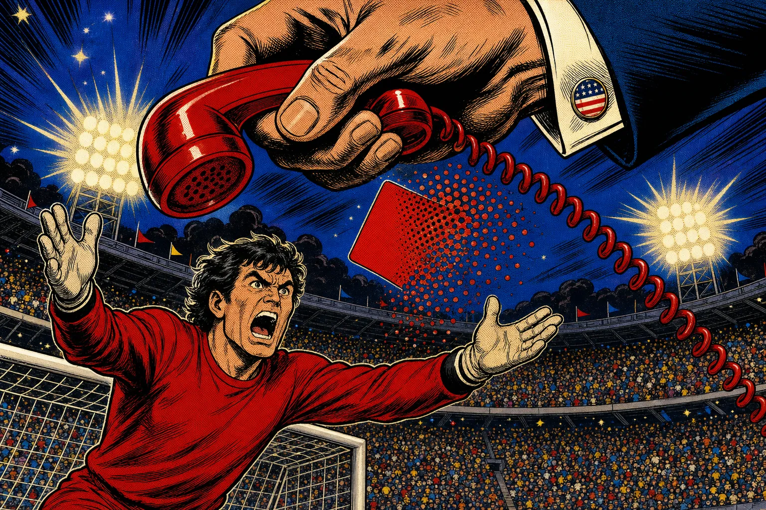 Comic book style illustration of a giant hand in a suit holding a red telephone while a red card dissolves into dots over a packed stadium and a goalkeeper protests