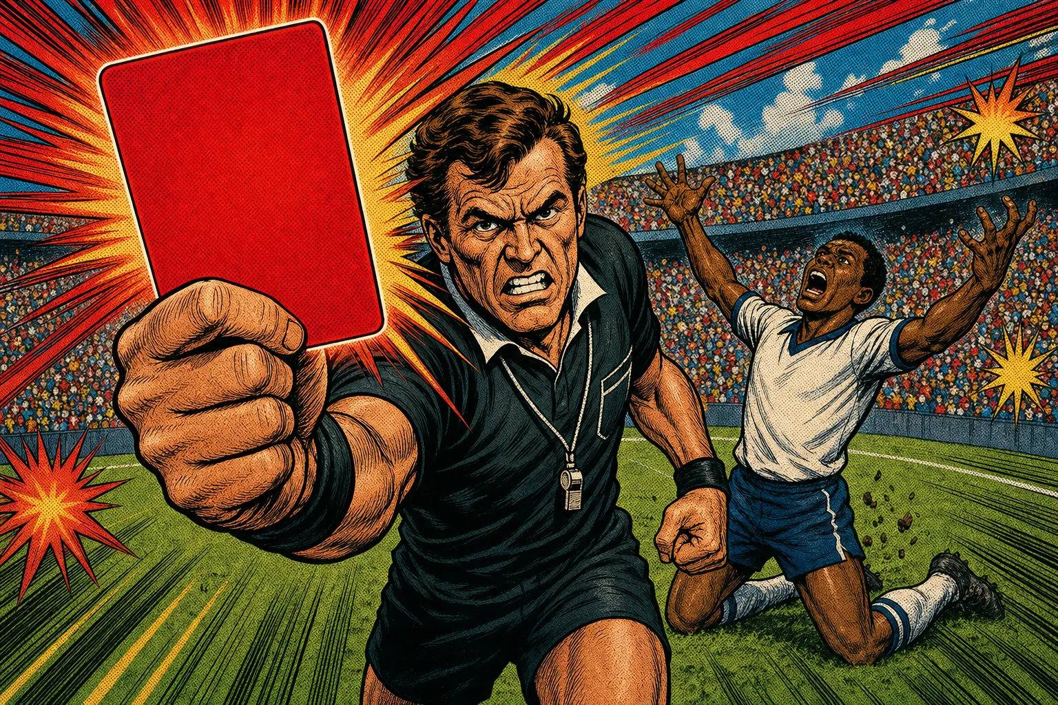 Comic book style illustration of a furious referee thrusting a red card while a player falls to his knees in disbelief