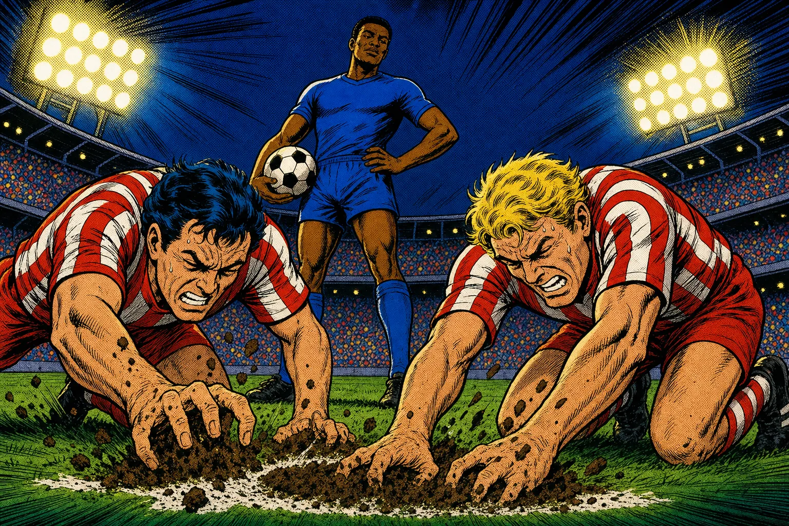 Comic book style illustration of soccer players clawing at a penalty spot while a calm striker waits with the ball