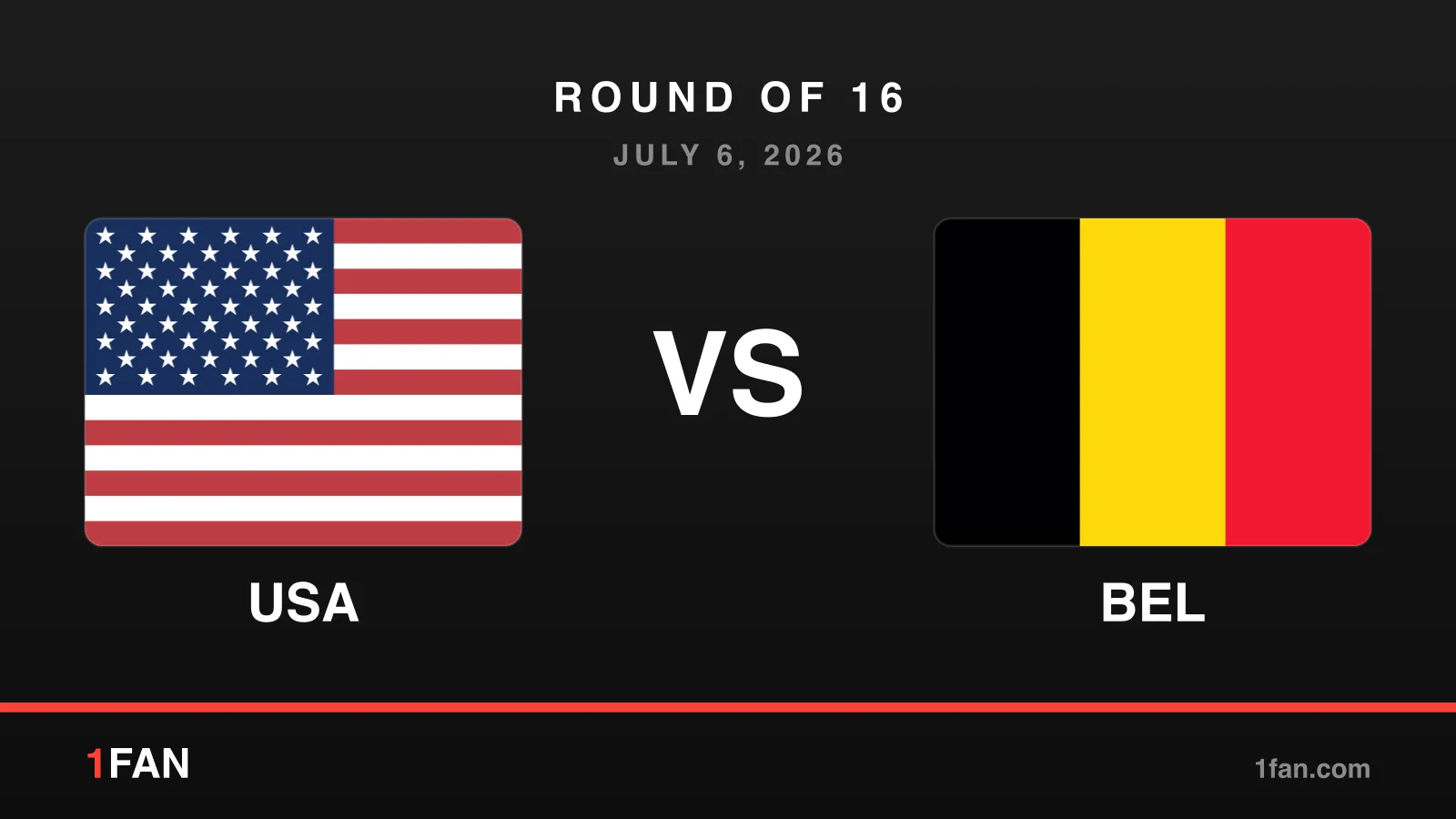 Match card: USA vs Belgium, round of 16, July 6, 2026